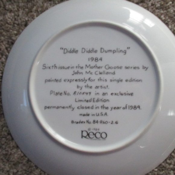 Diddle Diddle Dumpling Mother Goose 1984 Reco Collectible Plate John McClelland - Picture 4 of 4
